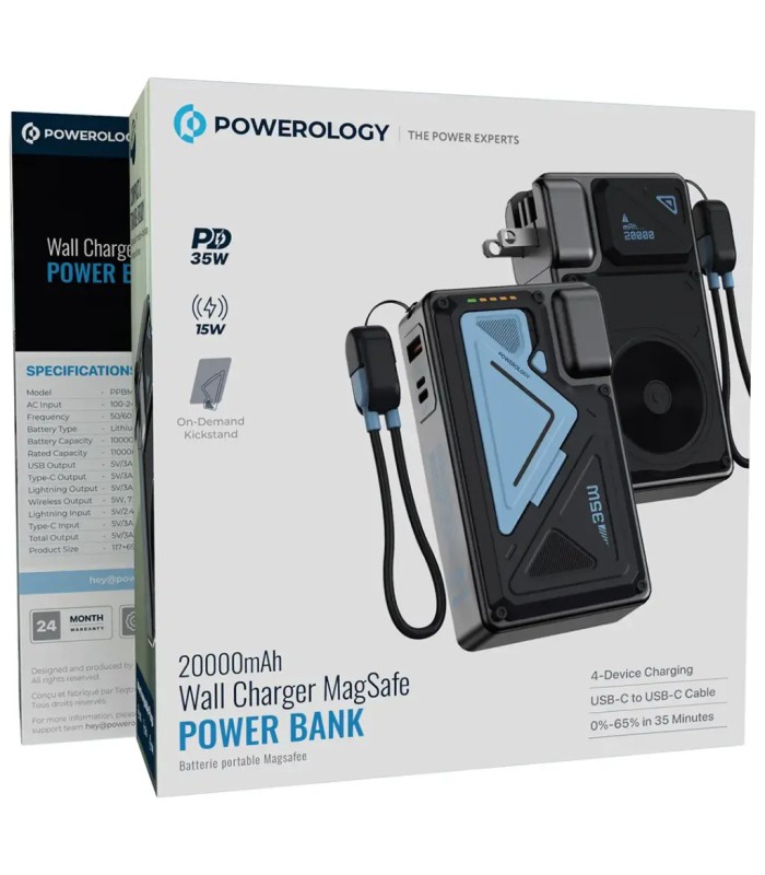پاوربانک پریزدار ۲۰ هزار پاورولوژی مدل Powerology 20000mAh Wall Charger MagSafe Power Bank PPBMH104 - رنگ مشکی