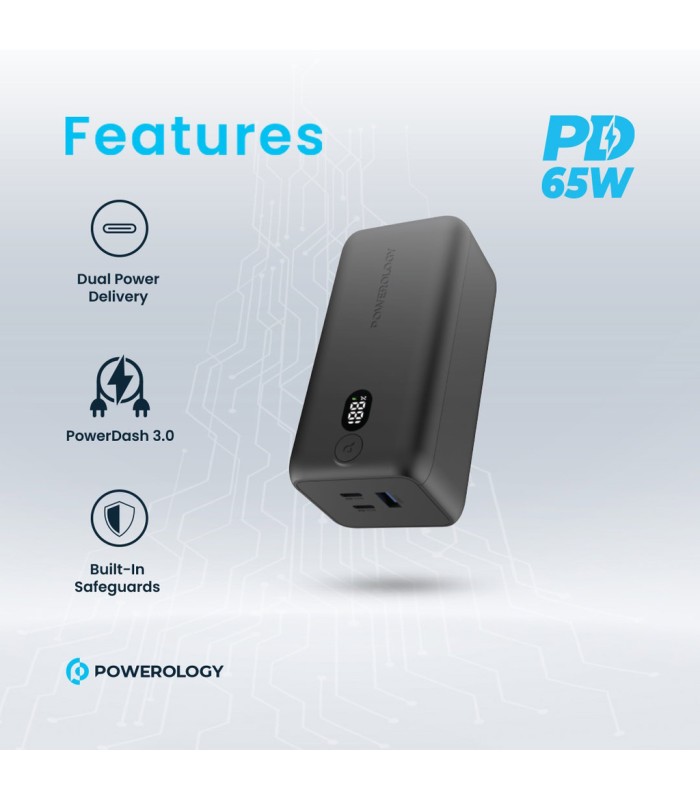 پاوربانک ۲۰ هزار پاورولوژی مدل Powerology 20000mAh 65W Onyx Power Bank PPBCHA19 - رنگ مشکی