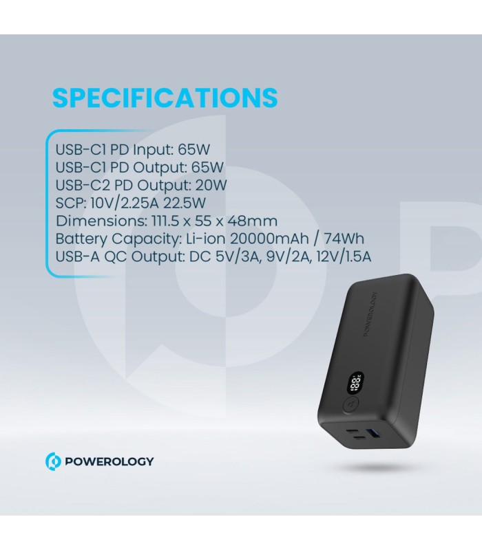 پاوربانک ۲۰ هزار پاورولوژی مدل Powerology 20000mAh 65W Onyx Power Bank PPBCHA19 - رنگ مشکی