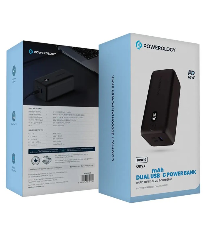 پاوربانک ۲۰ هزار پاورولوژی مدل Powerology 20000mAh 65W Onyx Power Bank PPBCHA19 - رنگ مشکی