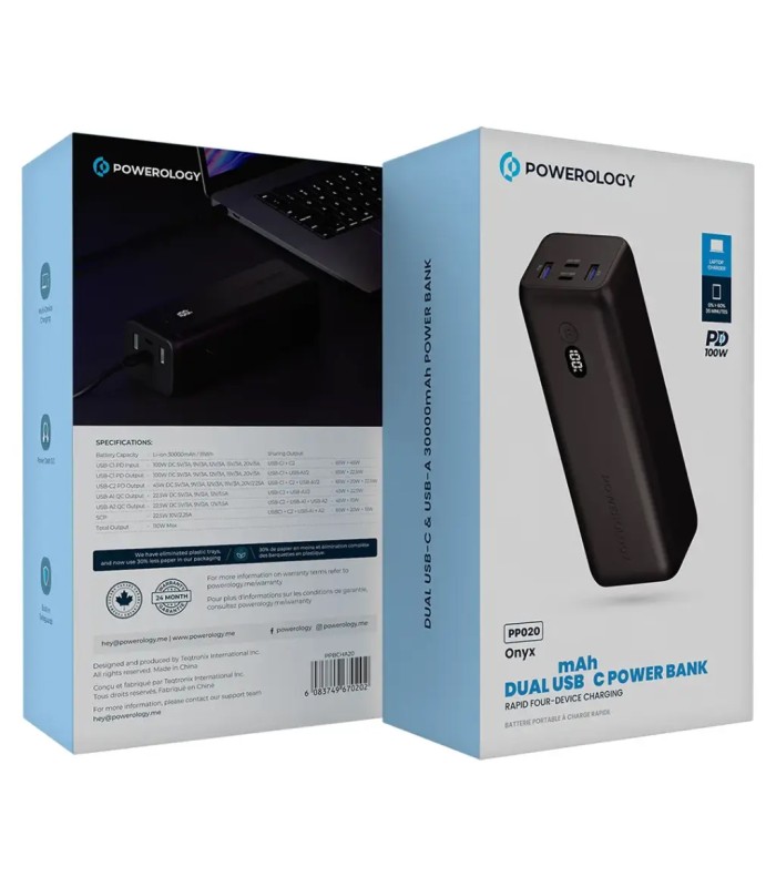 پاوربانک ۳۰ هزار پاورولوژی مدل Powerology Onyx 30000mAh Dual USB-C Power Bank PPBChA20 - رنگ مشکی