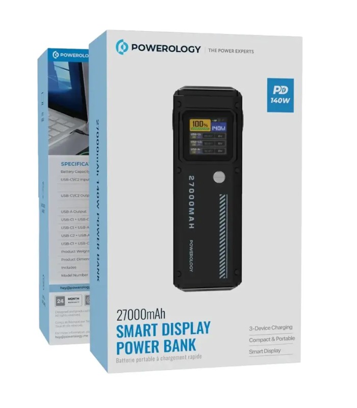پاوربانک مگ‌سیف ۲۷ هزار پاورولوژی مدل Powerology 27000mAh Smart Display Power Bank PPBCHA83 - رنگ مشکی