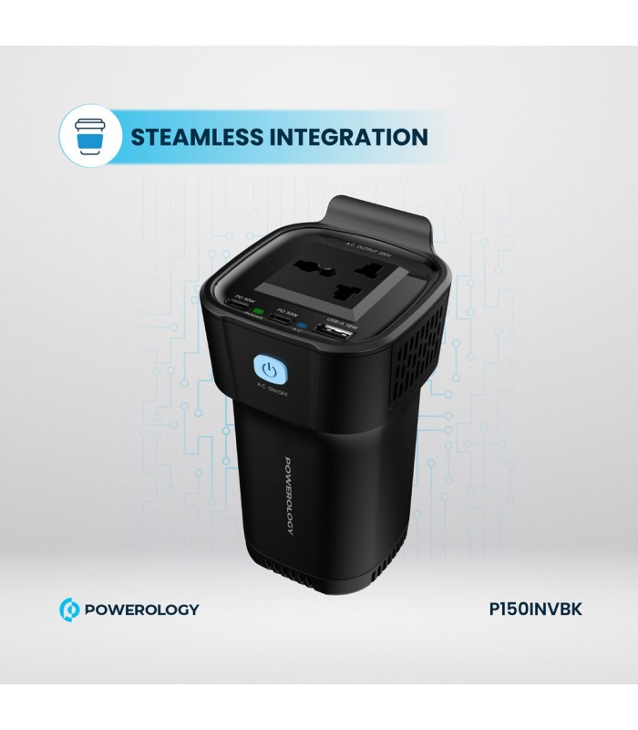 شارژر فندکی خودرو ۱۵۰ وات پاورولوژی مدل Powerology 150W Inverter AC Cup Holder P150INV - رنگ مشکی