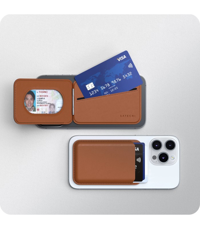 جاکارتی مگ‌سیف ساتچی مدل Satechi Vegan-Leather Magnetic Wallet Stand - رنگ قهوه‌ای