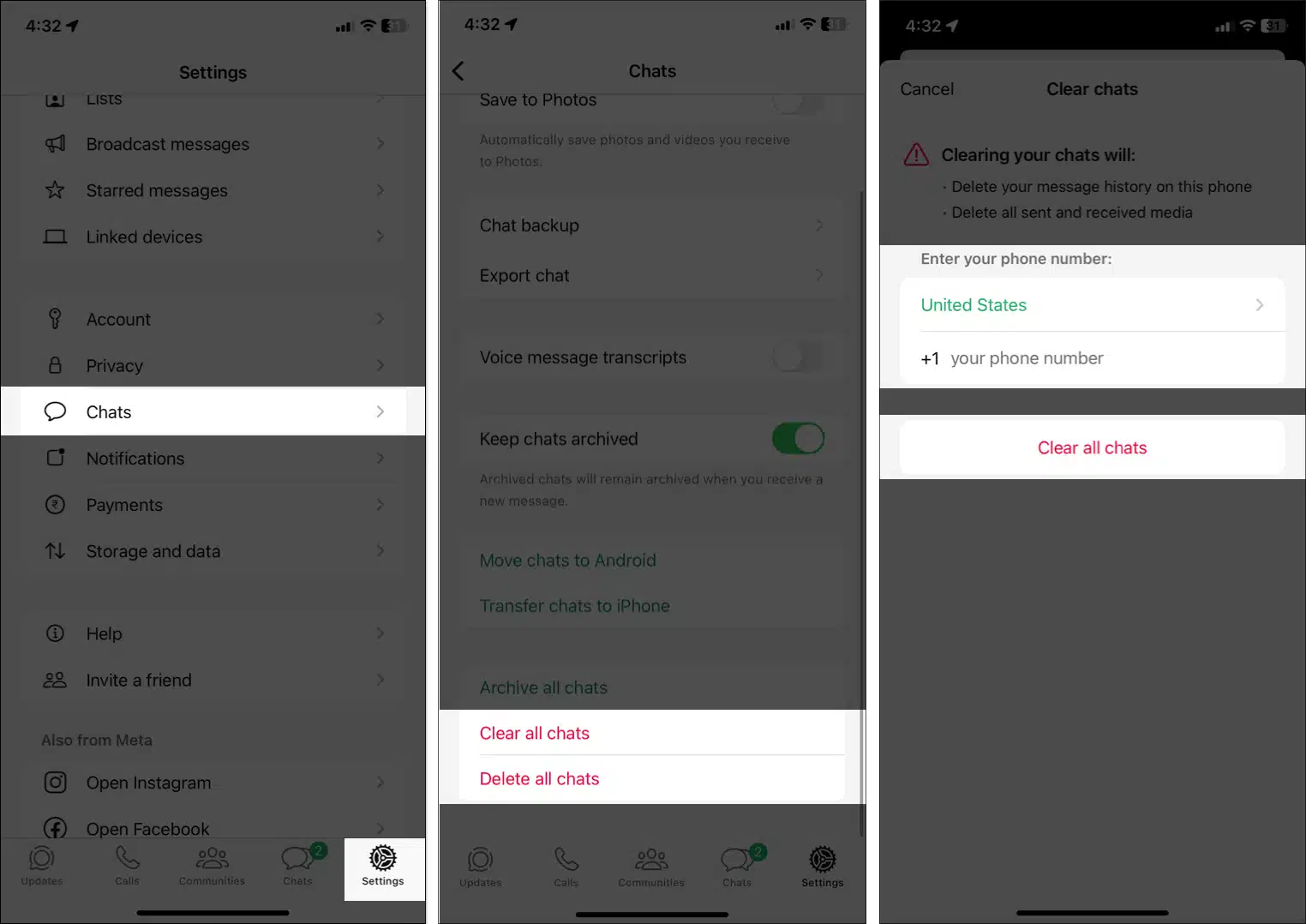 ریست کردن چت های واتساپ