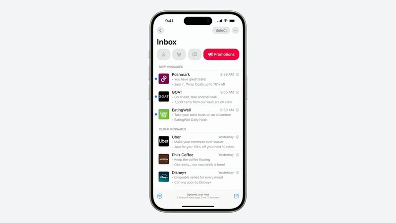 دسته بندی هوشمند ایمیلها در Mails آیفون iOS 18.2