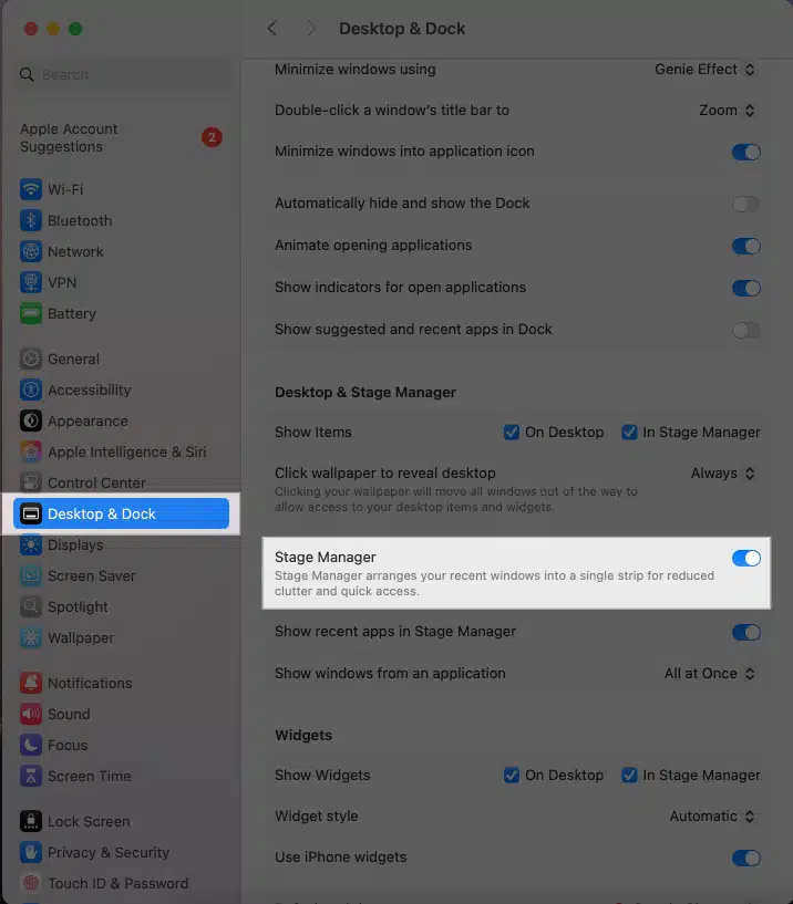 فعال کردن Stage Manager در مک از طریق تنظیمات