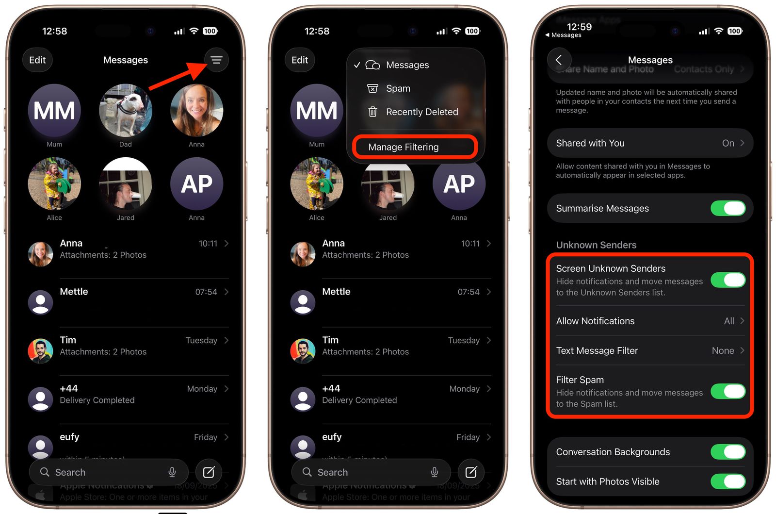 فیلتر کردن پیام‌های فرستنده‌های ناشناس در ios 26