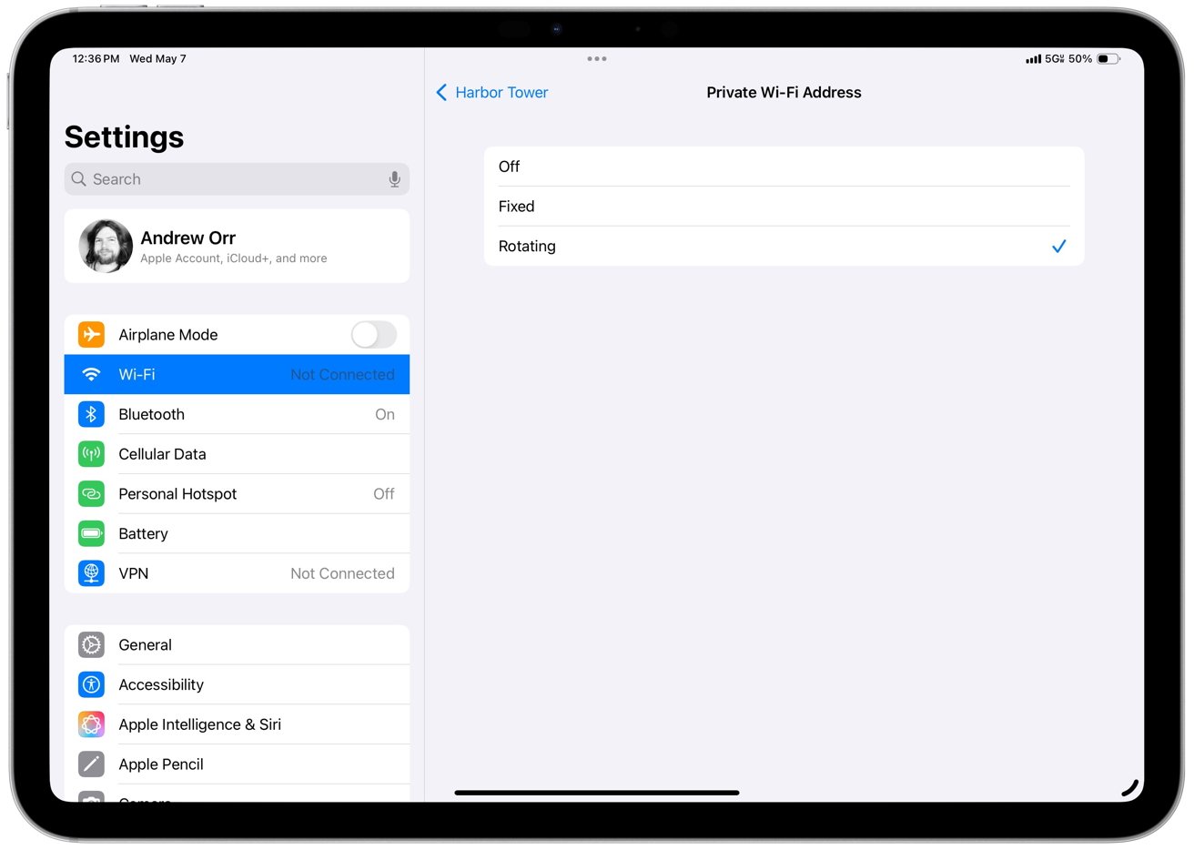 خاموش کردن تنظیمات شبکه خصوصی در آیپد