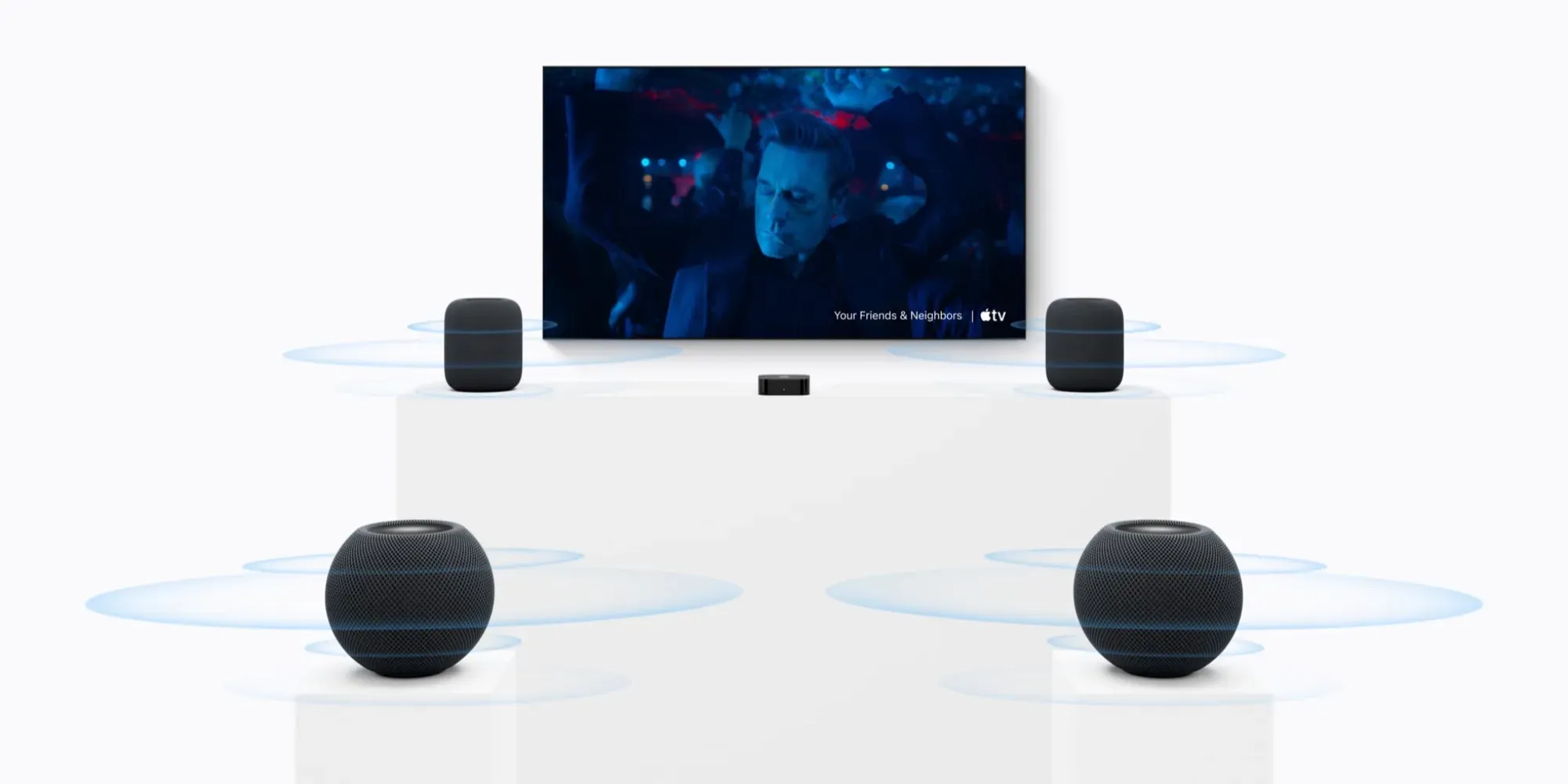 چیدمان سینمای خانگی ۴ کاناله با هوم پاد مینی ۲ و Apple TV 4K